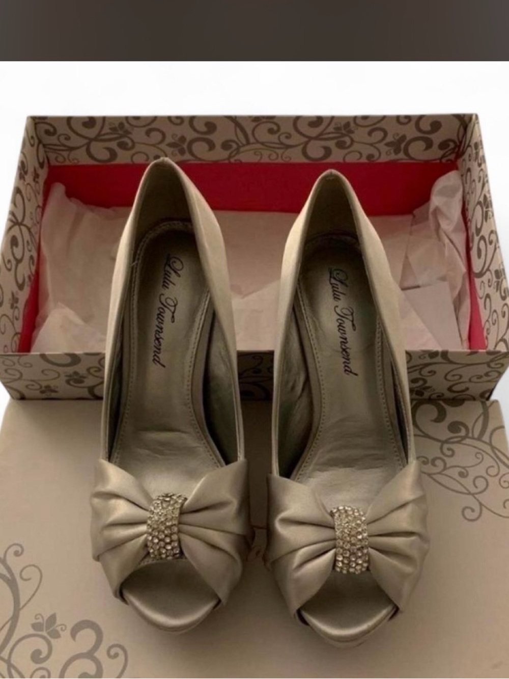 Lulu Townsend Satin Peep-Toe Heels with Crystal Bow - Champagne